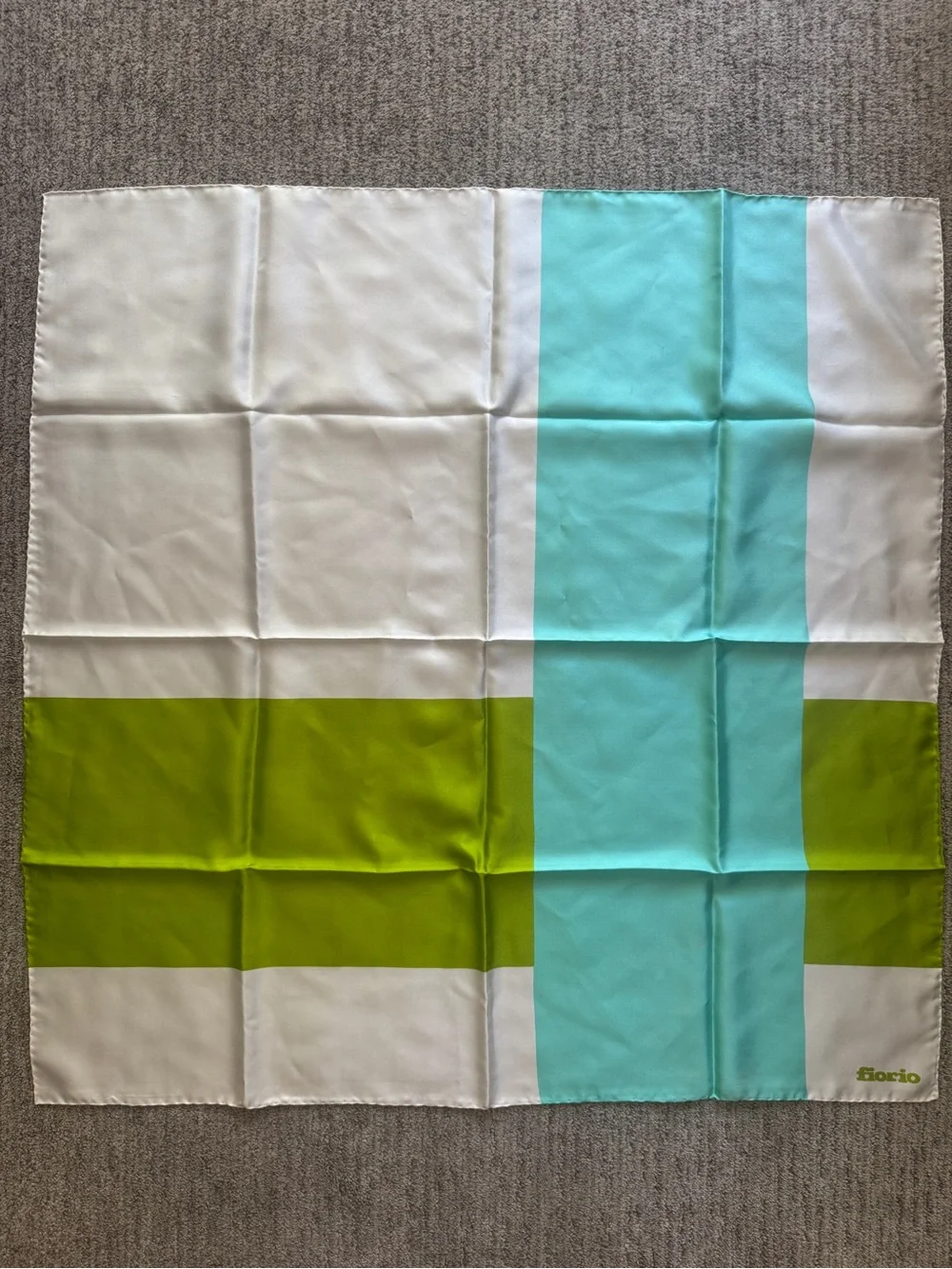 Vintage Fiorio blue green white square silk scarf 33”